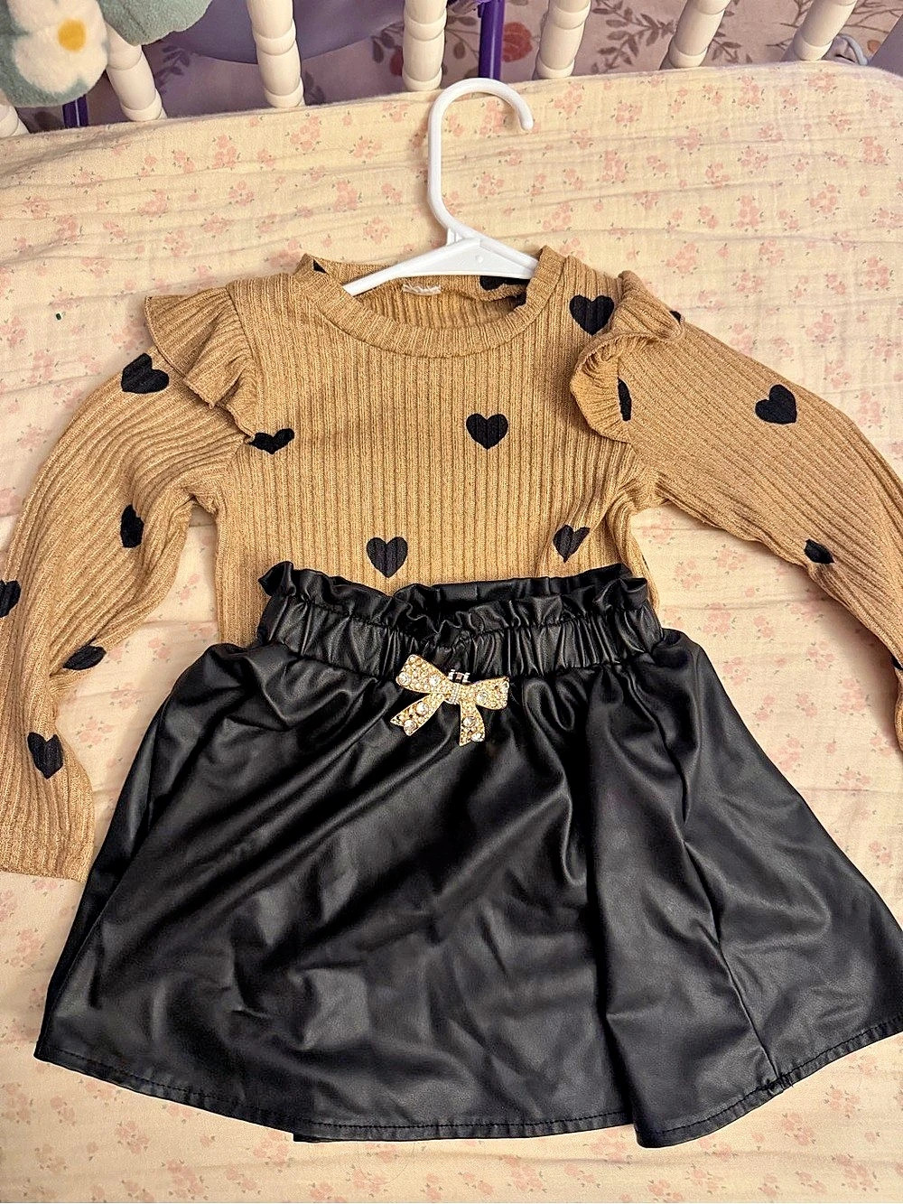 Kids Brown & Black Heart Sweater Skirt Set
